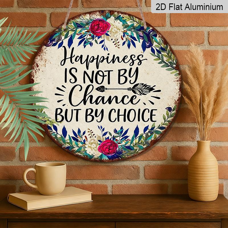2D Flat, 1pc Round Aluminum Hanging Sign - "Happiness Is Not By Chance But By Choice" Inspirational Quote Metal Wall Art, Vintage Floral Watercolor