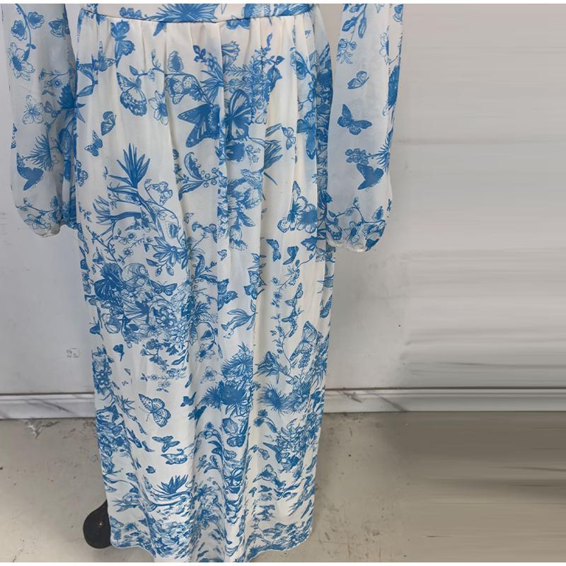 Women's Printed Long Hem Dress with V-neck and Irregular Strap Design Casual Waist Cinching Versatile and Elegant Women's Dress for Daily Wear