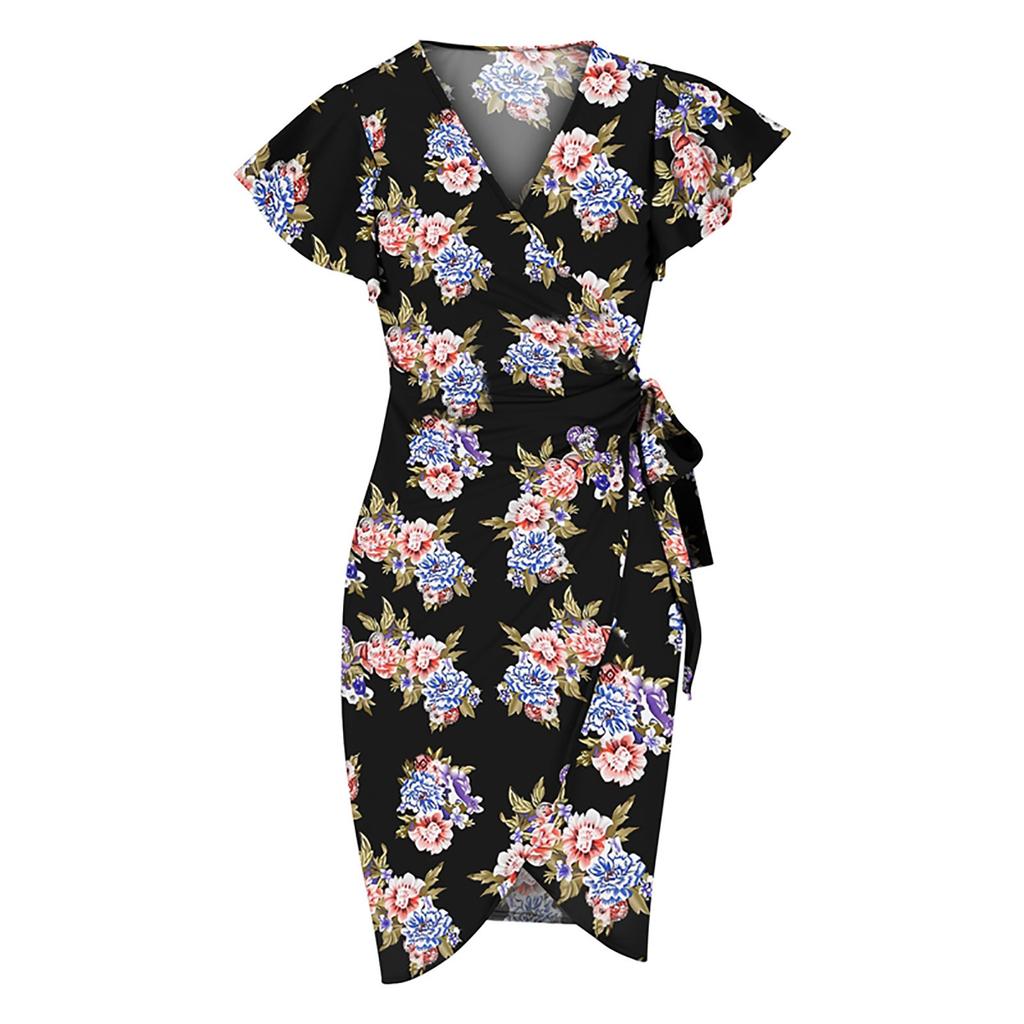 Women's Floral Print Dress Sexy V Neck Ruffle Sleeves Faux Wrap Ruched Bodycon Dress