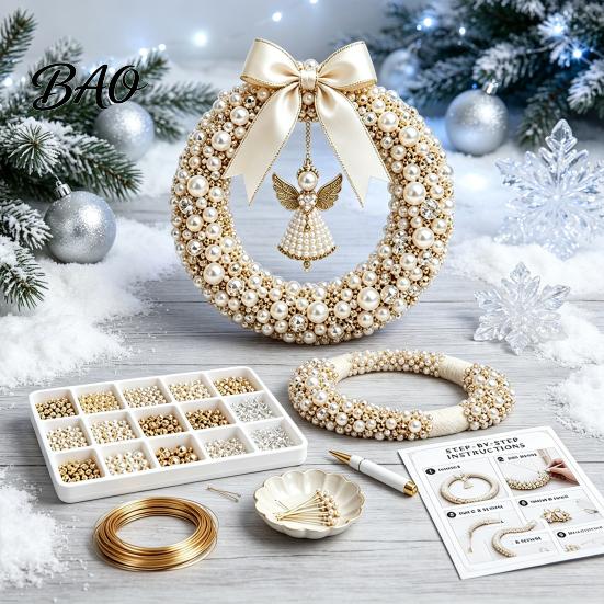 Stress Free DIY Crafting Kit Christmas Pearl Wreath Kit, Handmade Beaded Holiday Door Decor, Decoration Wall Hanging Elegant Craft Project for