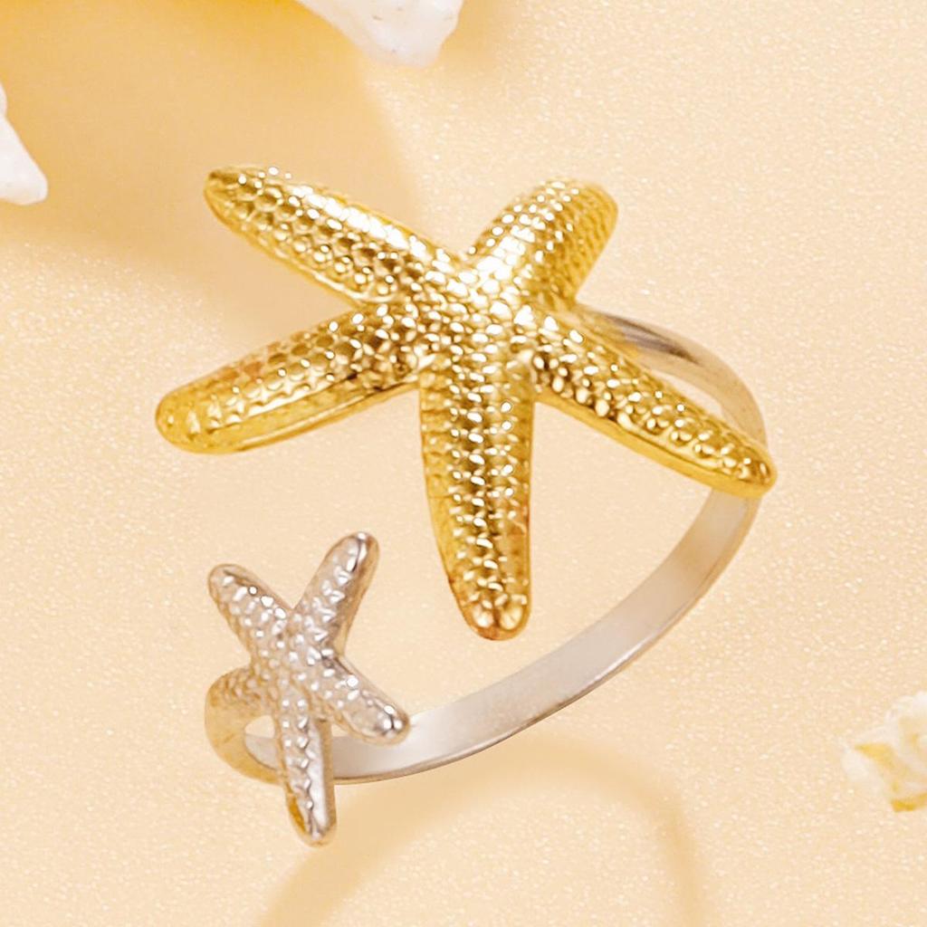 Stainless Steel Open Ring with Starfish Design - Women's Bohemian Beach Vacation Accessory