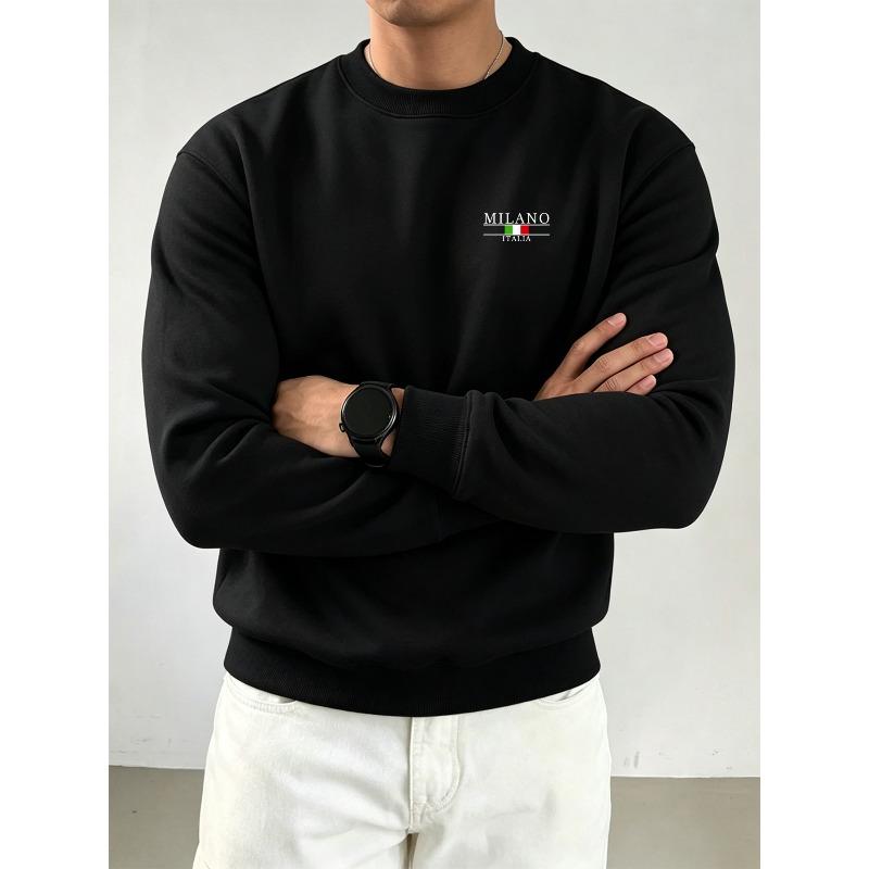 Men's Left Chest MILANO Italian Flag Small Letter Print Crew Neck Sweatshirt, Casual Loose Solid Color Pullover Long Sleeve Commuter Top