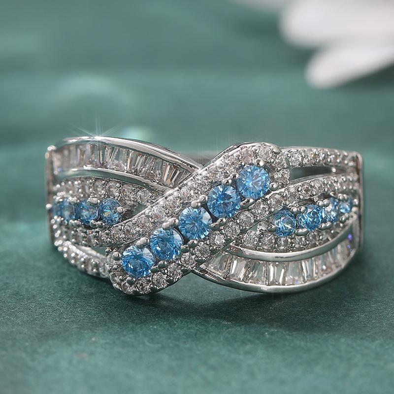 Aesthetic Inlaid White Sea Blue CZ Women's Ring Trendy CopperColor Geometry Hollow Daily Wear Party Jewelry Anniversary Gift