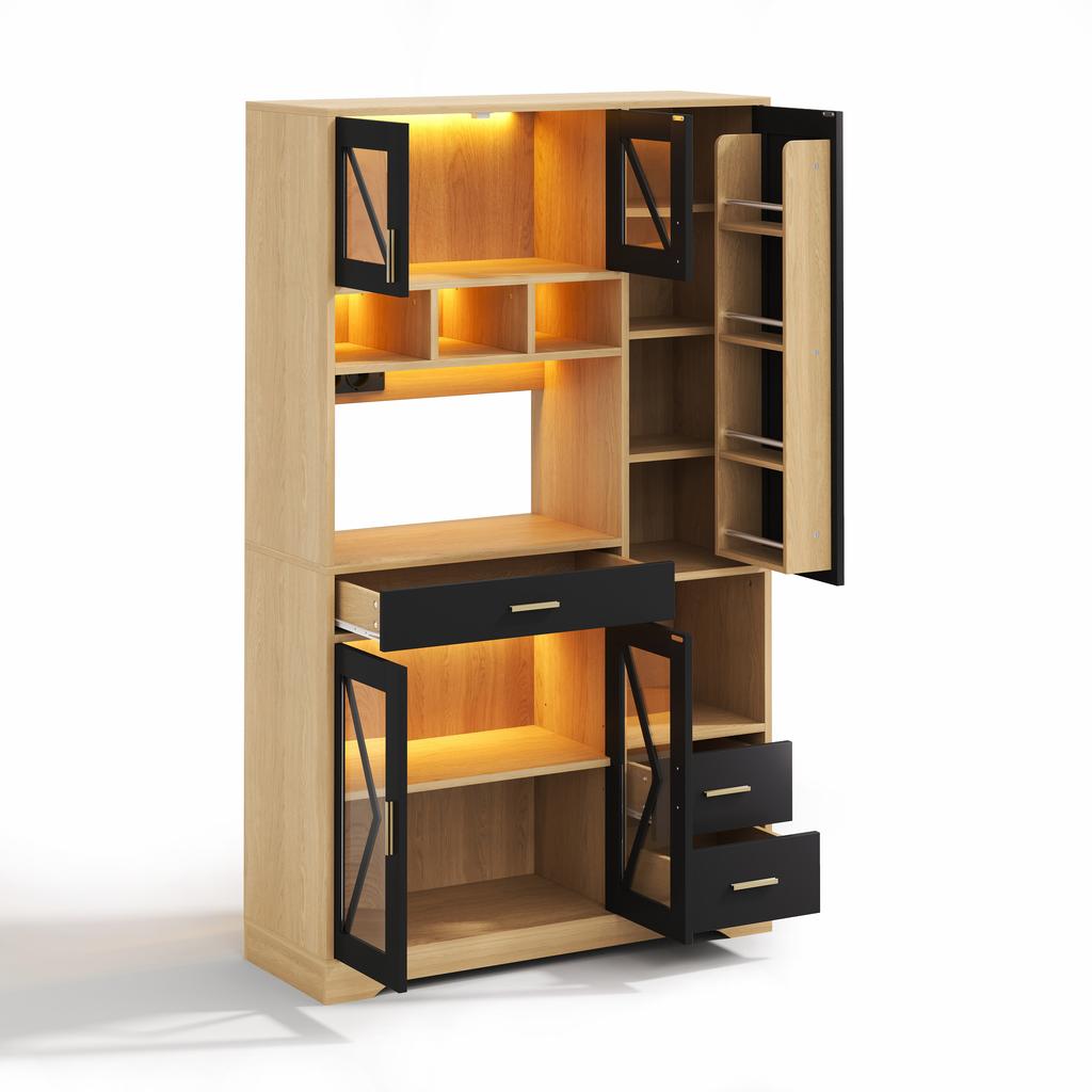 Mobile da Cucina in Stile Rustico, Mobile Contenitore ed Espositore con Ripiani Regolabili, Cassetto, LED a Colori Cambianti e Prese, 185 × 105 × 40 cm.