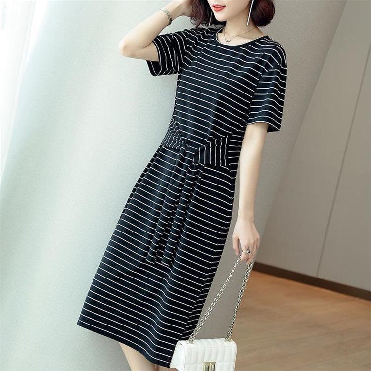 Southeast Asia Plus Size Mid-Length Striped Short Sleeve Waist-Cinching Dress, Korean Style 2026