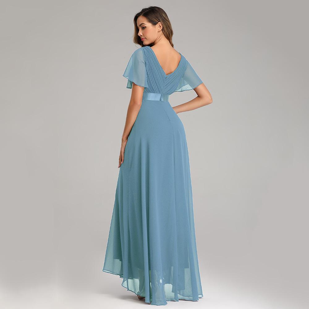 Summer Spring V Neck Flared Sleeve Chiffon Dress Elasticity Plus Size Evening Gown Hand Pleated A Line Bridesmaid Dress