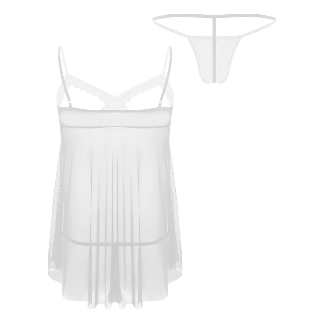 Mens Sheer Mesh Lace Babydoll Nightgown Plus Size Open Front Design Adjustable Spaghetti Straps Matching G-String Set