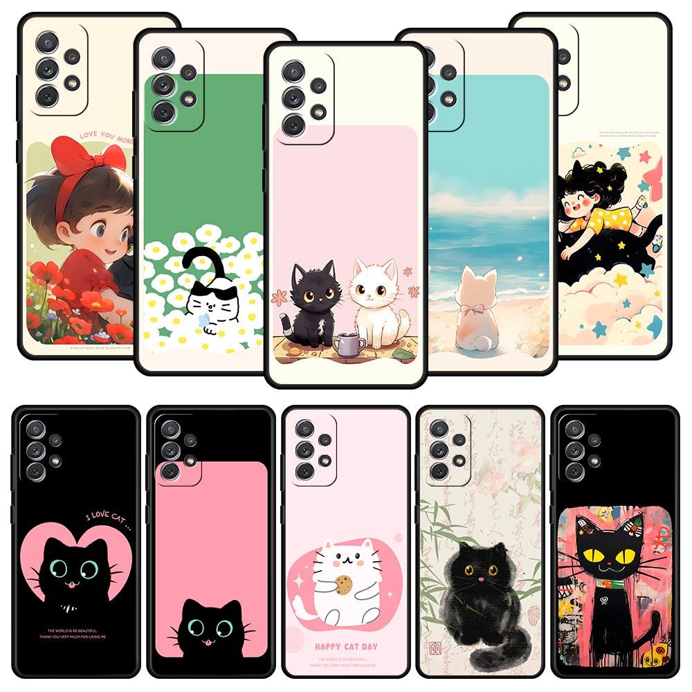 Cute Cartoon Black Cat Phone Case for Samsung A57 A37 A51 A71 A21S A17 A15 A25 A41 A23 A33 A53 A73 A07 A05S A13 A35 A55 5G Cover
