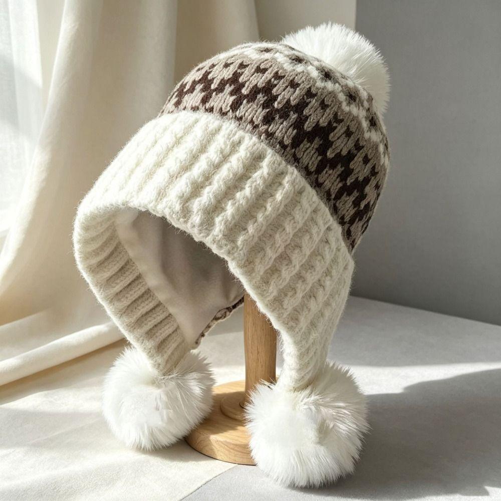 with Pom Poms Ear Flap Knitted Hat Ear Protection Winter Knit Hat Cold Proof Hat For Women