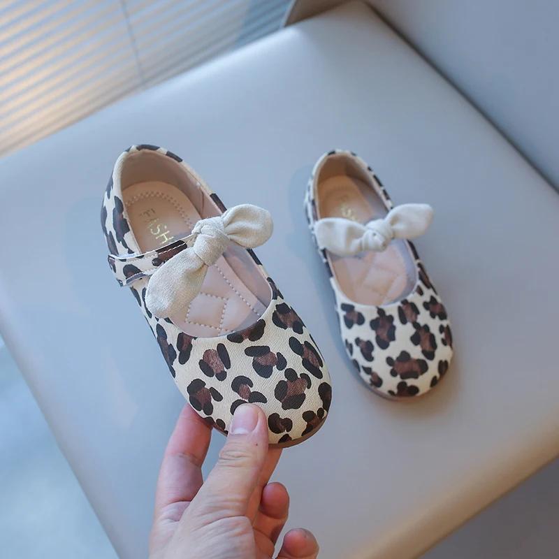 Girls Mary Janes Leopard Prints Style Fashion Princess Kids Leather Shoes with Bow-knot Sweet Chic 2025 Spring Autumn Brand New