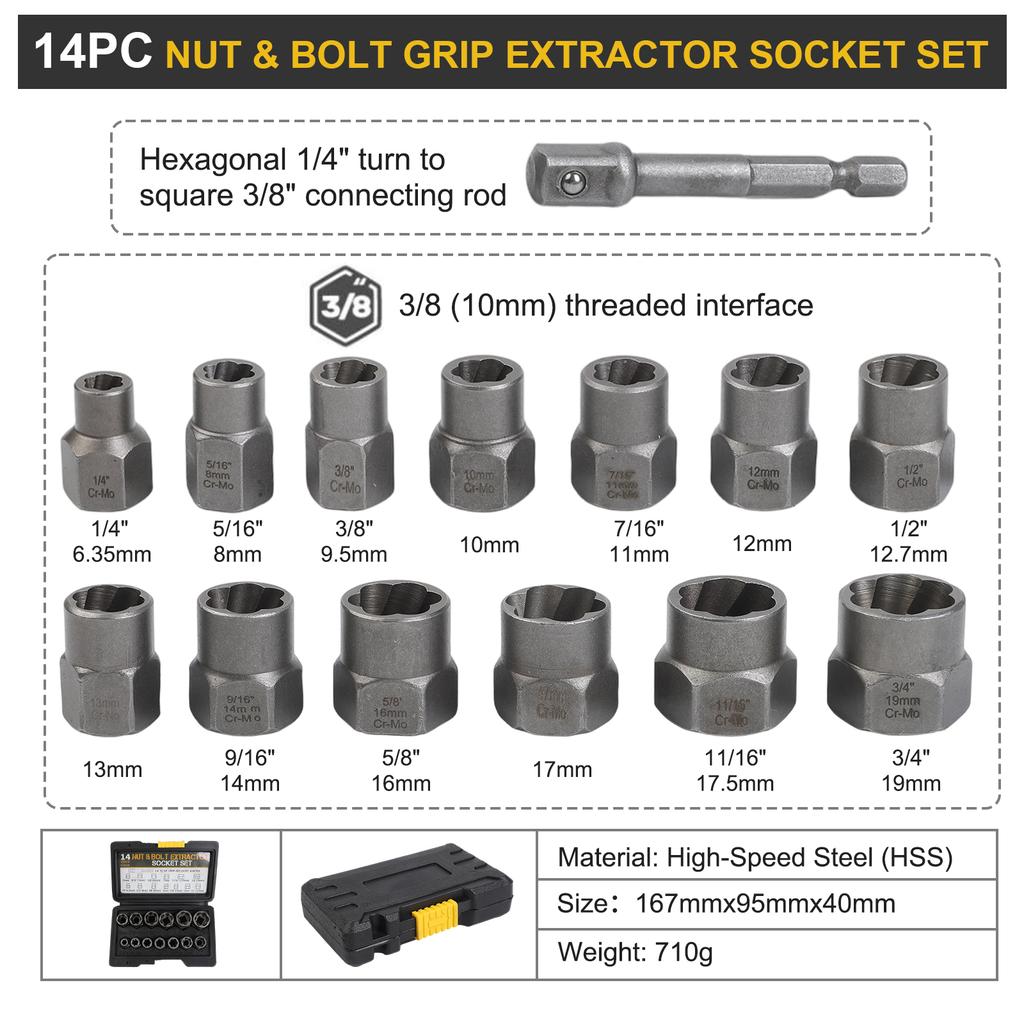 14Pcs Nut & Bolt Grip Extractor Socket Set 1/4''-3/8'' Hex Adapter Extraction Socket Set Bolt & Nut Remover Removing Bolts Nuts