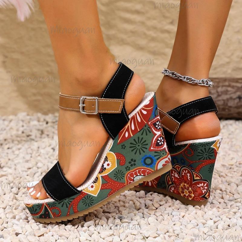 Women Wedges Sandals Print Random Platform Slippers 2026 New Summer Fashion Sandals Women Walking High Heels Shoes for Women