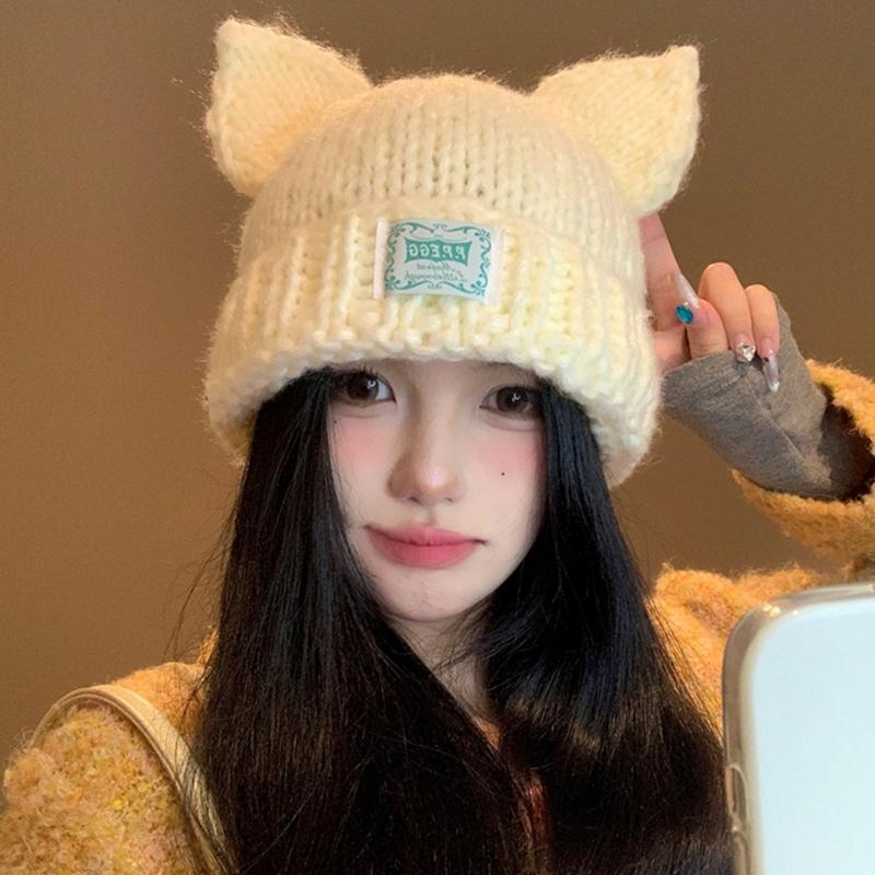 Women Winter Crochet Hat Cats Ear Knitted Hat for Girl Skiing Cycling Warm Winter Snow Hat for Christmas Present