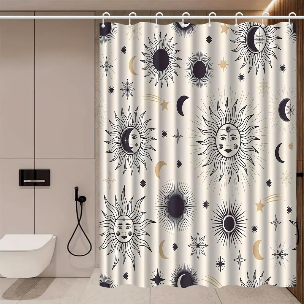 Sun Moon Star Shower Curtain Celestial Pattern Boho Design Bathroom Decor Waterproof Curtains Cosmic Home Style