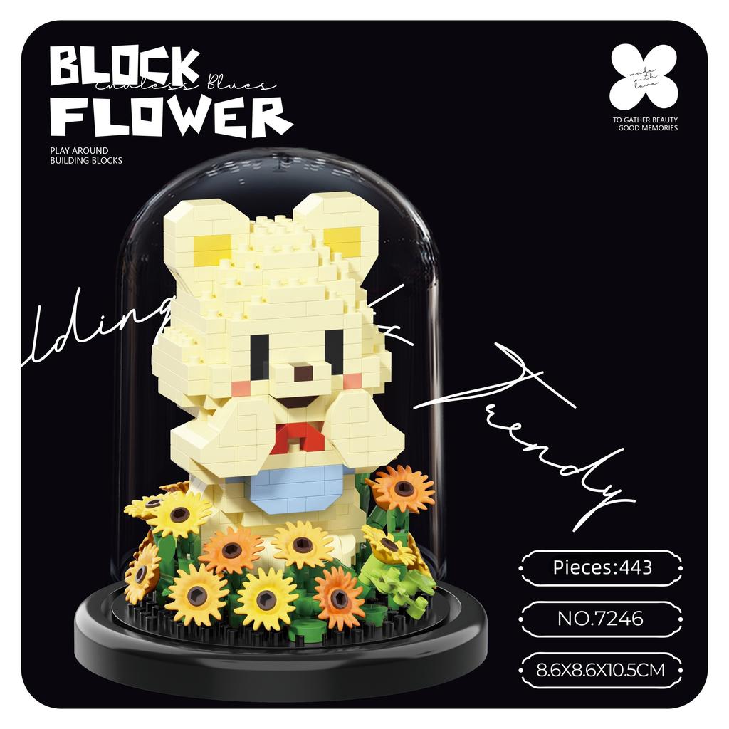 Flower Bouquet Building Blocks Animal Set Dust Cover Bonsai Cute Animal Bear Bunny Dog Model Kids Romantic Gift for Girls