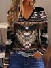 Women's Western Vintage Eagle Pattern V-Neck Long Sleeve T-Shirt - Casual Stretch, Contrasting Color Design