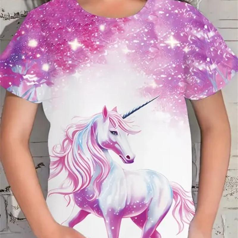 Children's Cartoon Unicorn Printed Colorful Round Neck T-shirt Girls Fashionable Soft Comfortable T-shirt