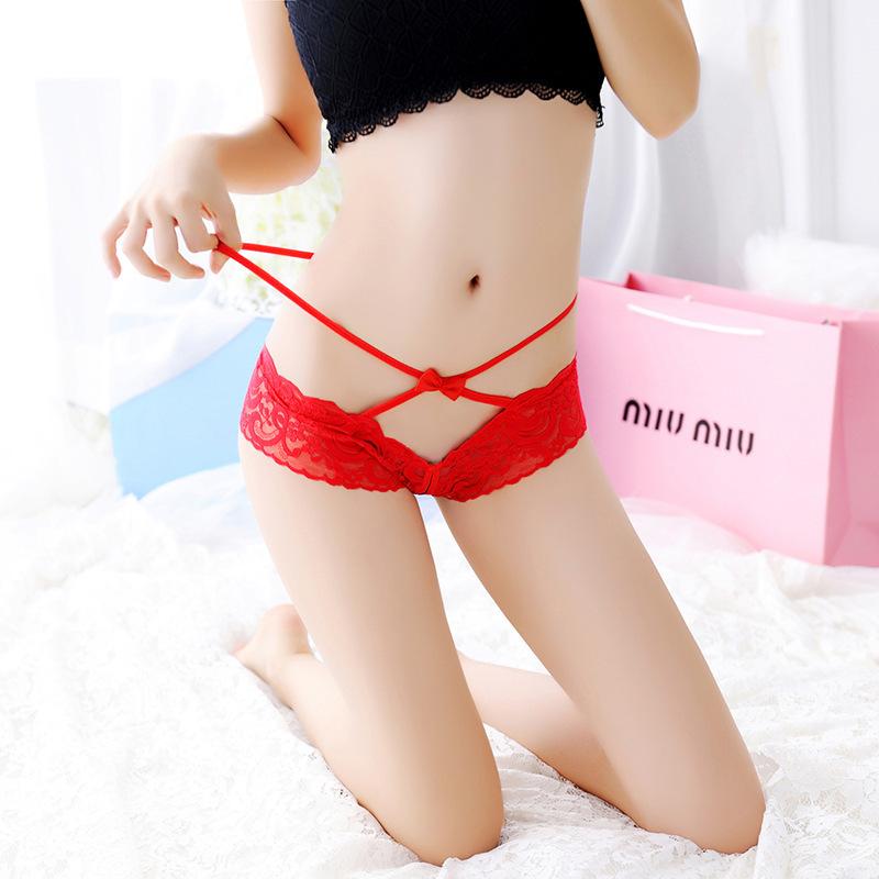 European and American large-size sexy dummy panties, lace lace-up temptation open crotch cross-dressing thong summer thin