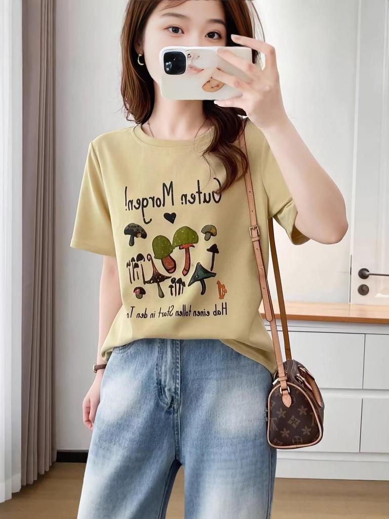 2026 New Summer Cartoon Mushroom Print Women's Round Neck Plus Size Casual Half Sleeve T-shirt