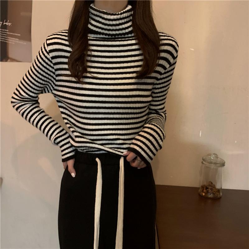 Herbst Winter Gestreiften Rollkragen Gestrickte Pullover für Frauen Neue Langarm Top Frauen Pullover Alle-spiel Bodenbildung Shirt