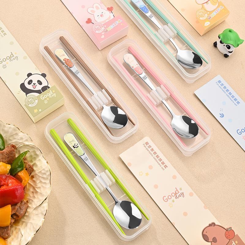 Edelstahl Besteckset Tragbarer Löffel Essstäbchen mit Box Reise Studenten Geschirrset Niedliches Cartoon Tiermuster