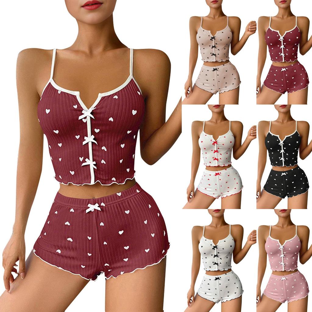 Women's Heart Printed Front Slit Camisole Pajama Set Sleepwear Loungewear