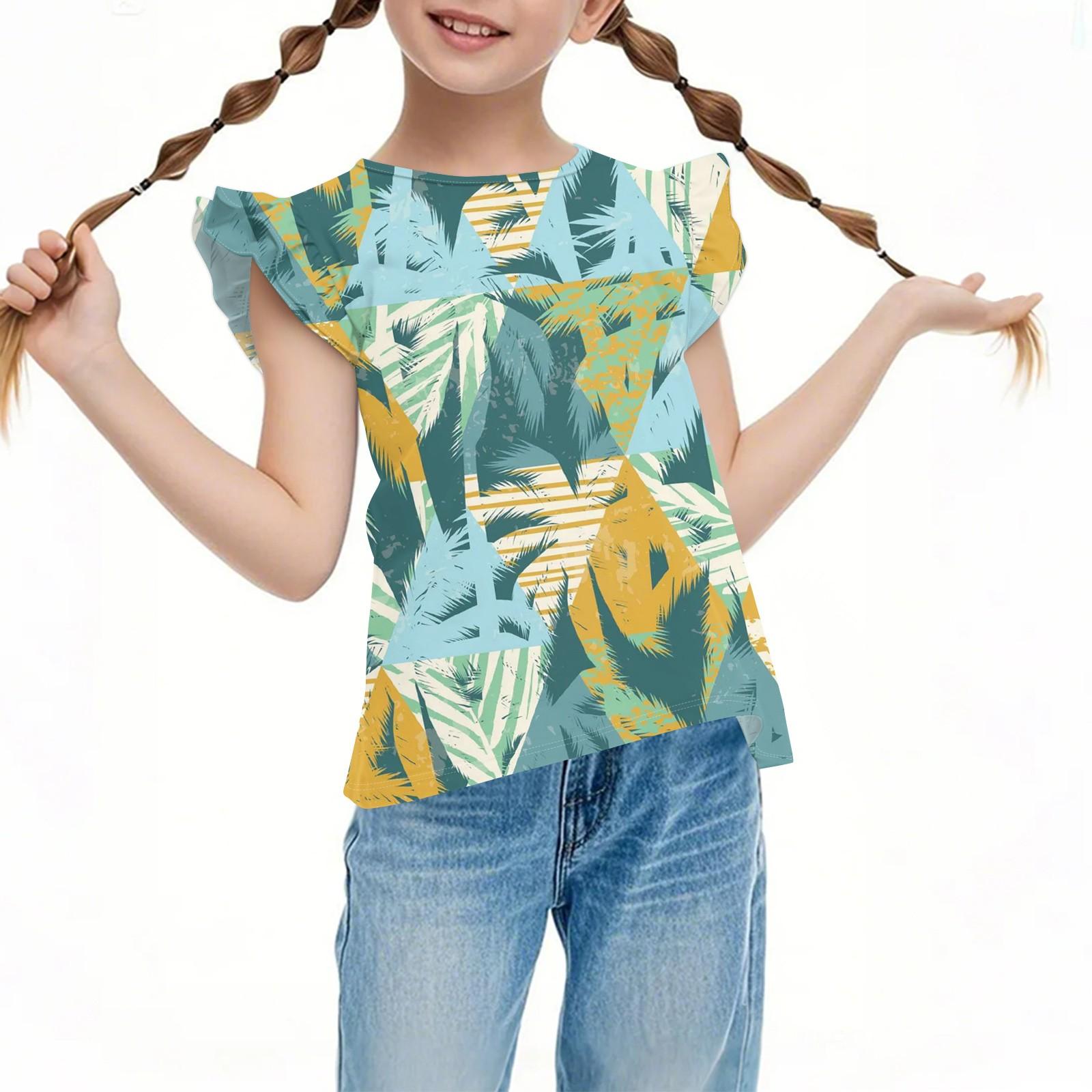 

Детский повседневный топ с короткими рукавами, плиссированный, милый, с гавайским принтом, с круглым вырезом 110