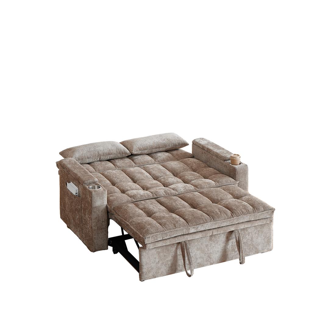 Un canapé-lit 3-en-1 de 142 cm de large avec fonction inclinable, coussins d'assise et de dossier doux comme des nuages, deux coussins lombaires, une étagère et un porte-gobelet