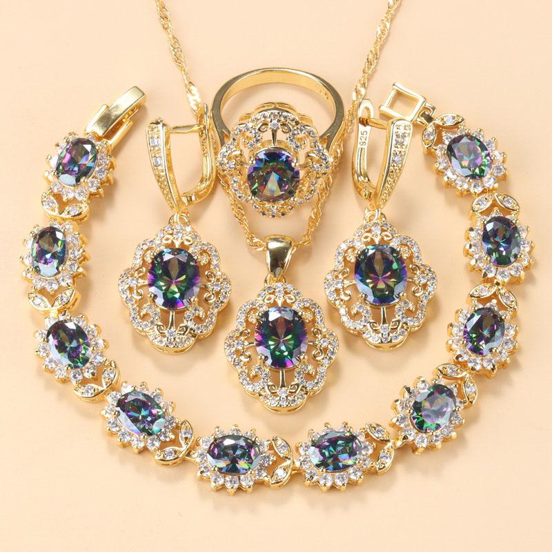 Morrocan Jewelry Sets  Gold Plated 12-Colors Zirconia Earring Necklace And Bracelet Ring For Women Fashion Accessories