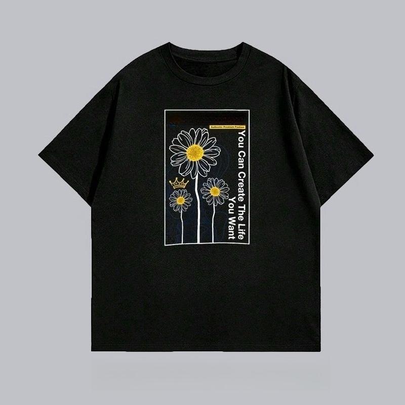 Autumn and Winter Heavy Pure Cotton Sunflower Printing T-shirt 2025 New Men's and Women's Comfortable Fashion Versatile T-shirt