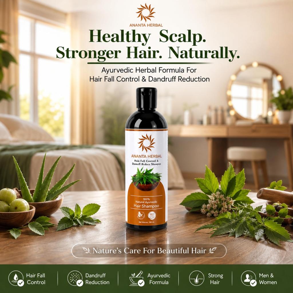 Ananta Herbal Hair Fall Control & Dandruff Reduce Shampoo | Ayurvedic Herbal Shampoo for Clean Scalp & Strong-Looking Hair | 100% Natural Formula