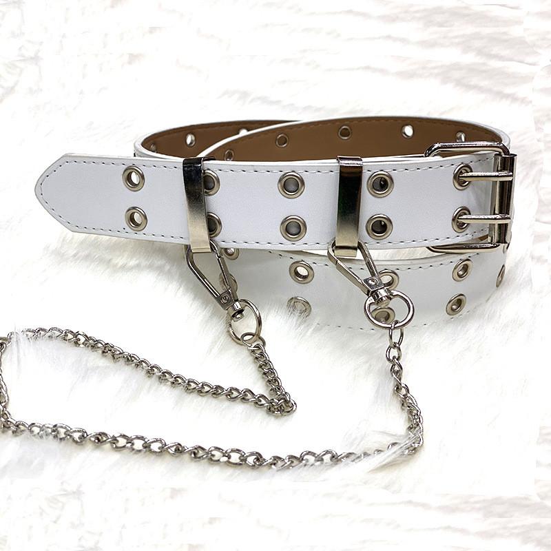 Chic Faux Leather Belt For Casual Denim With Unique Chain Accents Available In Various Fashionable Colors