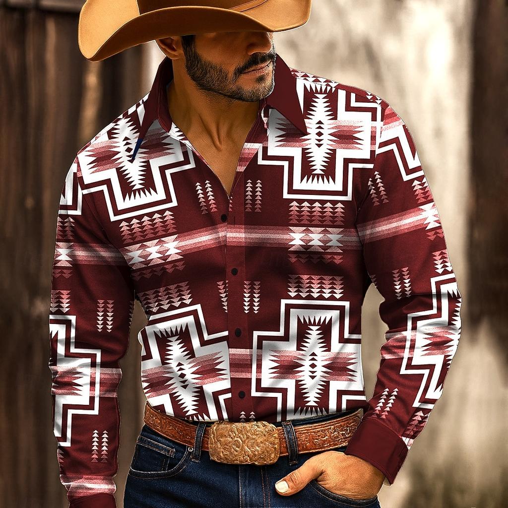 Men's Long Sleeve Shirt Aztec Geometric Pattern Ethnic Shirt Western Shirt Streetwear Casual Comfort Polyester Slim Fit Shirts