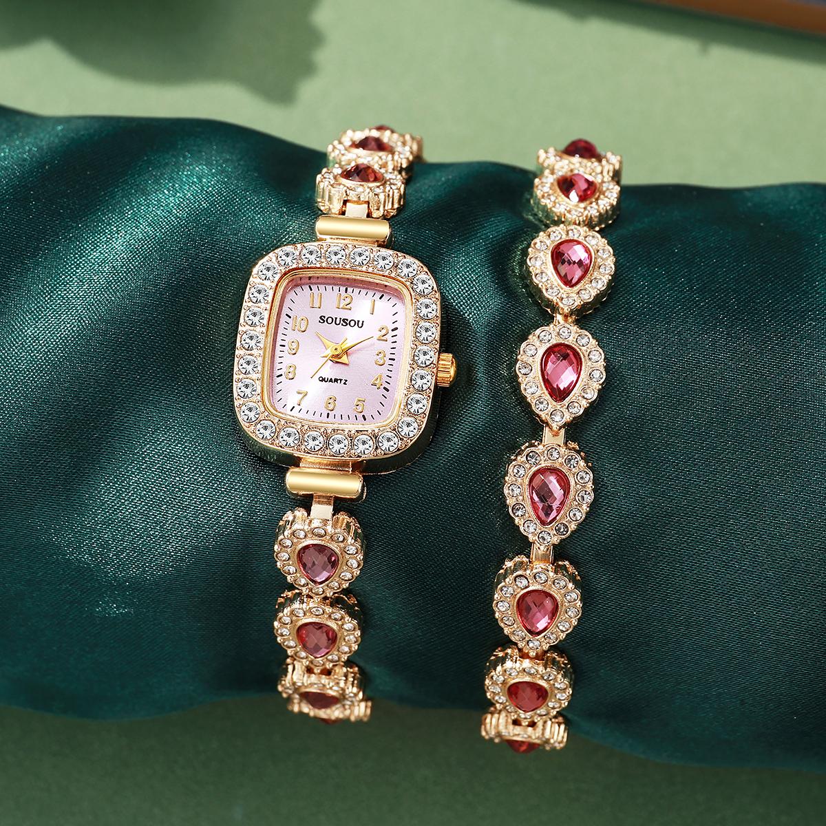 

Gift box free small square style full diamond crystal bracelet, quartz strap, jewelry bracelet 2-piece set розовый