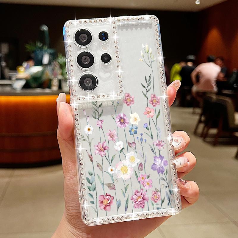Husă Simplă cu Flori Pentru Samsung Galaxy A56 A55 A54 A36 A35 A25 A15 A16 A53 5G S25 Edge S24 Ultra S23 FE Husă Moale cu Diamante