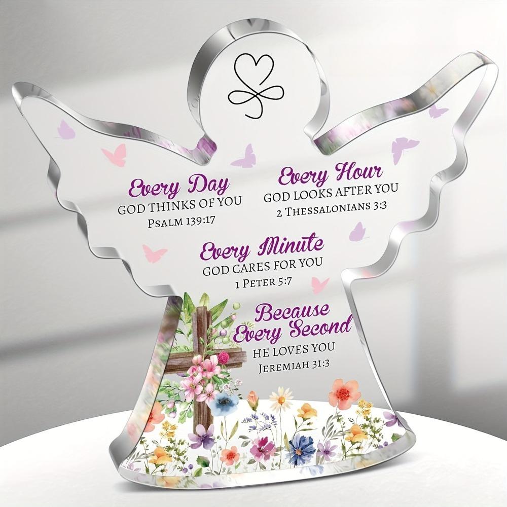 Art Deco Angel Figurine with Inspirational Bible Verses - Floral Accents, Collectible Tabletop Deco, Religious Easter Gift for Mom, Sister, Friends,