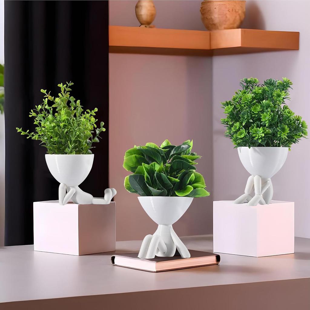 Plastic Mini Artificial Plants With Pot, Table Decorative Items, White & Green