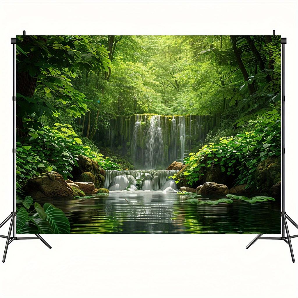 2D planar banner, 1 piece of lush green forest waterfall scenery background fabric - dreamy photography background
