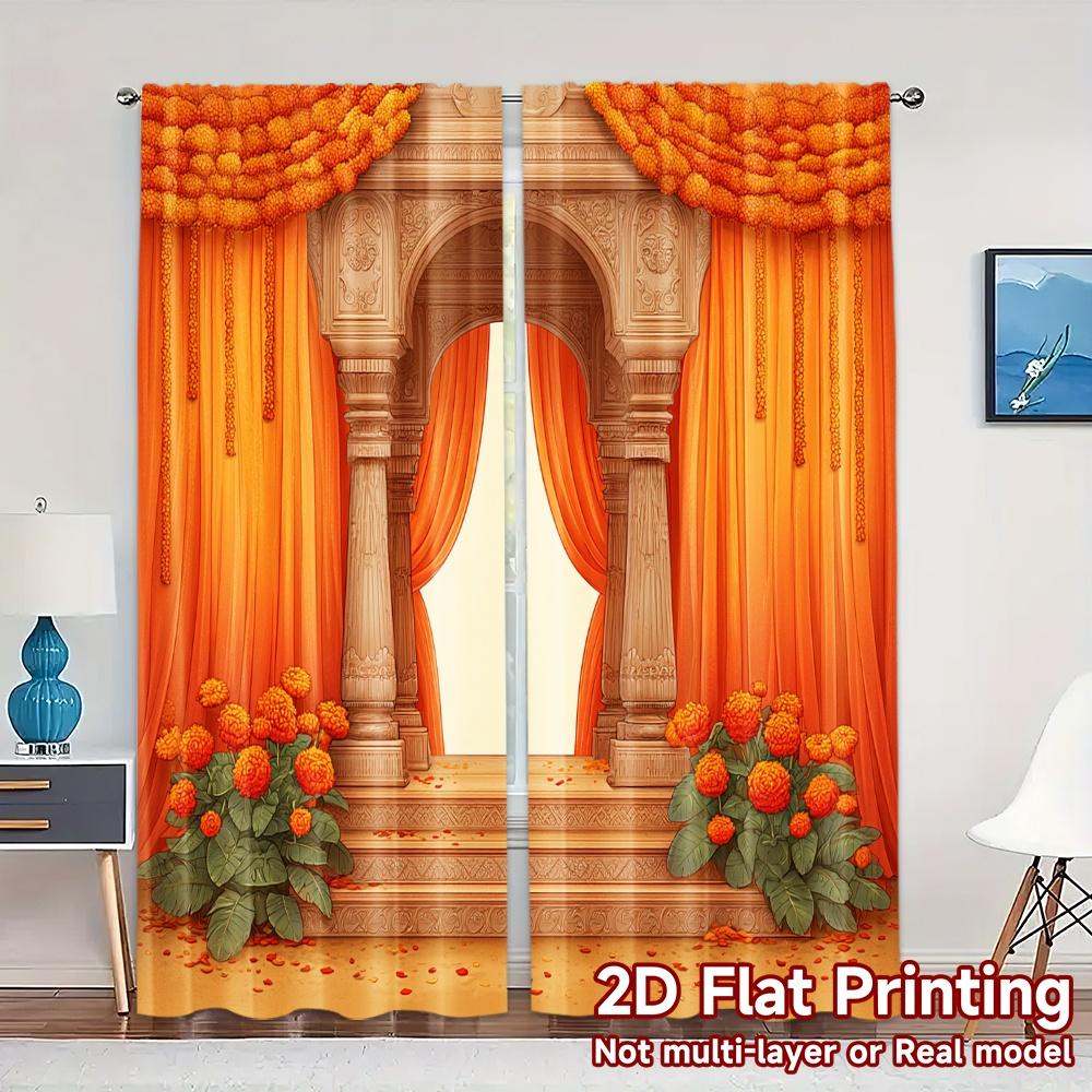

Set Of 2 Modern Flat Printing Jit Curtains Without Rod Floral Sunrise Fashionable Versatile Durable Polyester Curtain W100*H70(CM)-Hooks&1PCS