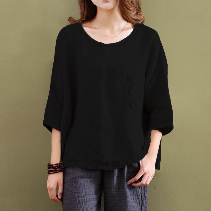Vintage Women 34 Sleeve O Neck Cotton Linen Loose Casual Shirt Top Blouse