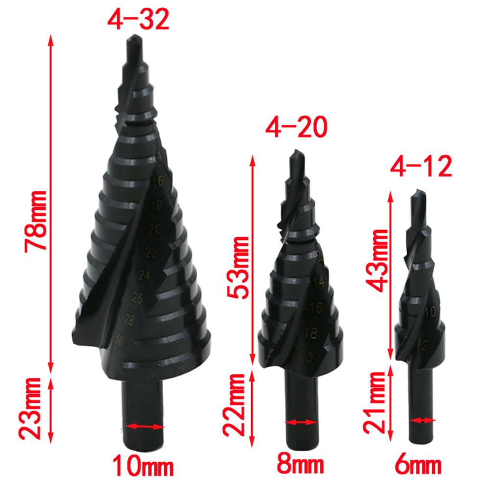 3PCS 4-32MM Multifunctional Spiral Groove Nitridation HSS Stepped Cone Drill Bit Set