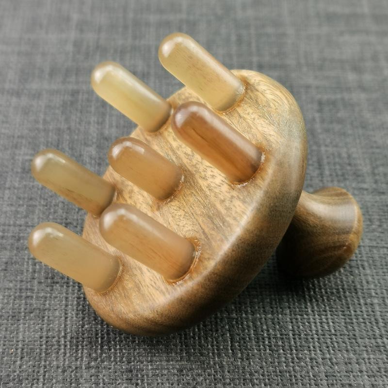 Natural Green Sandalwood Horn Comb Wide Teeth Head Acupuncture Gua Sha Therapy Relaxation Scalp Meridian Scraping Massage Brush
