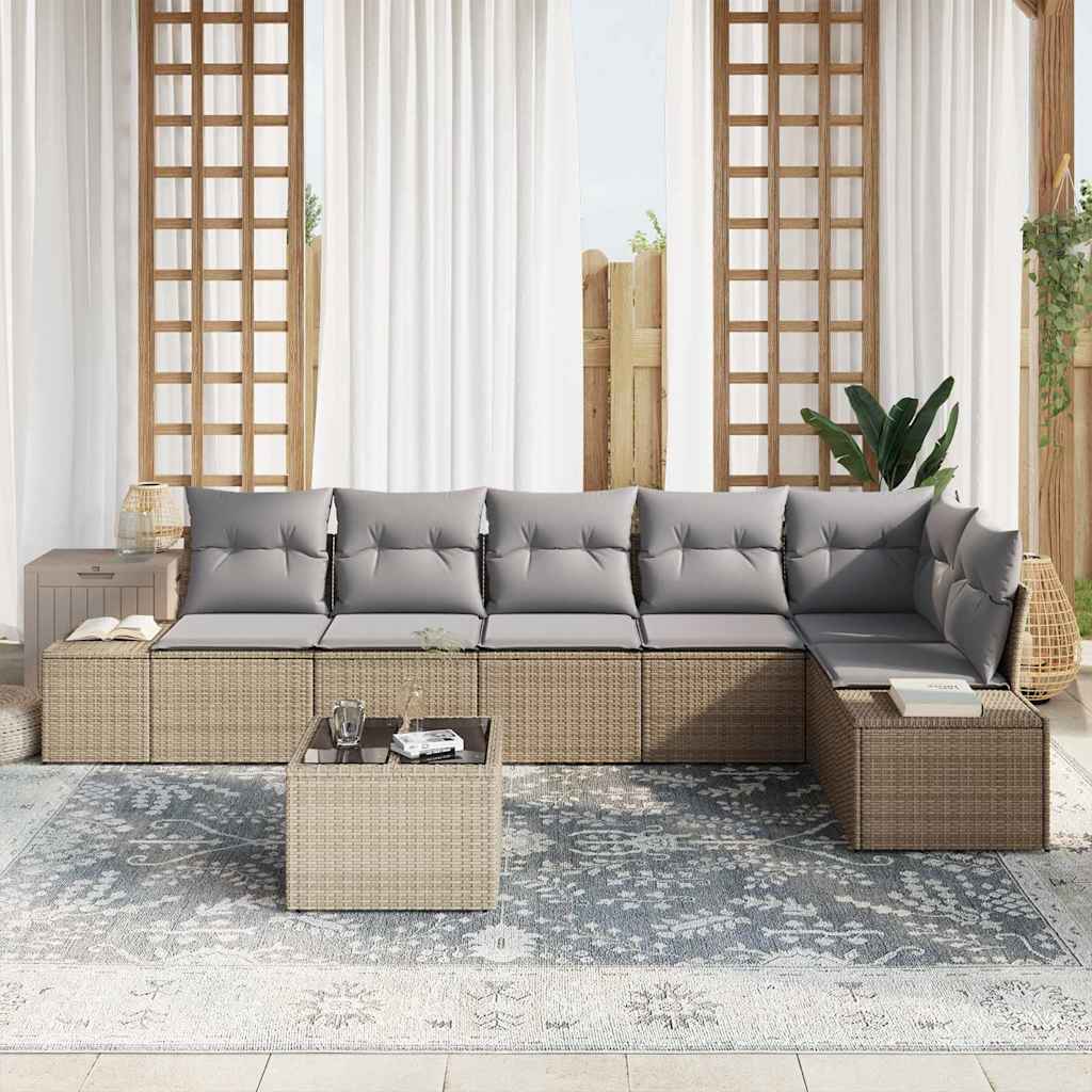 7 Piece Garden Sofa Set with Cushions Beige and Gray Poly Rattan