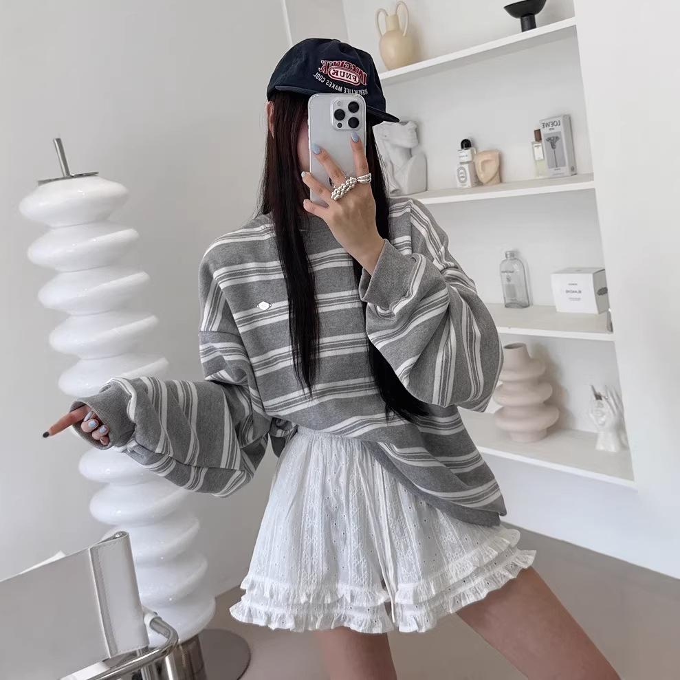 2026 Korean Retro Striped Long Sleeve Hoodie – Slimming Women s Academy Style One Size