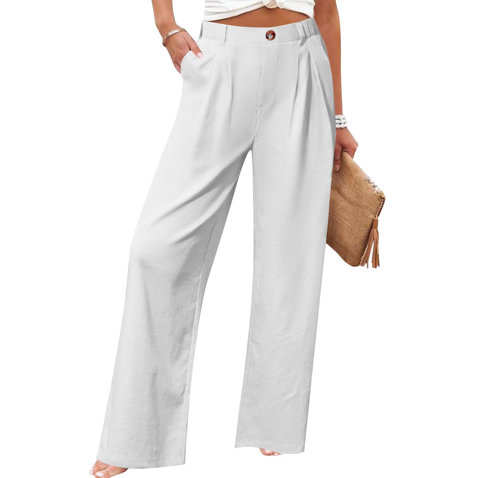 

Women s Casual Fashion Wide Leg Pants High Waist Long Wide Leg Pants Button Long Pants With Pockets Casual Pants білий