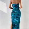 Sexy Strapless Floral Print Sheer Midi Dress Side Slit Bodycon Party Dress Summer Dress for Women Evening Party Outfit