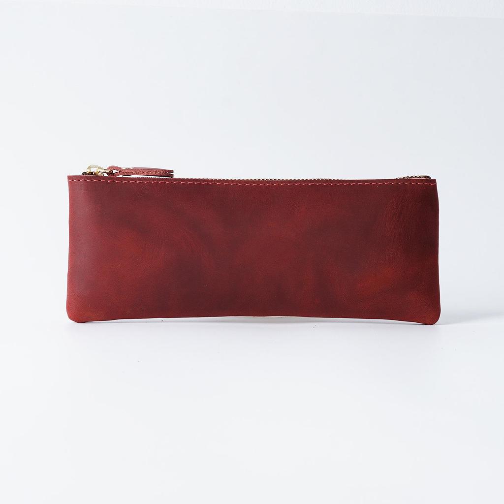 Unisex Genuine Leather Zipper Pencil Case - Handmade Retro Cowhide Stationery Box