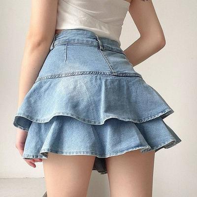 Vintage Denim Rockshorts Damen Sommer Koreanische Mode Hohe Taille A-Linie Waschblau Slim Süß Sexy Mini Jeans Rüschenrock Weiblich