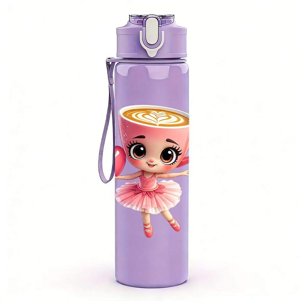 1PC Girl In Teacup Cute Pink Cartoon Print 750ml Color Plastic Sports Water Bottle Leakproof Flip Straw Lid Suitable for Sports Office Home Use