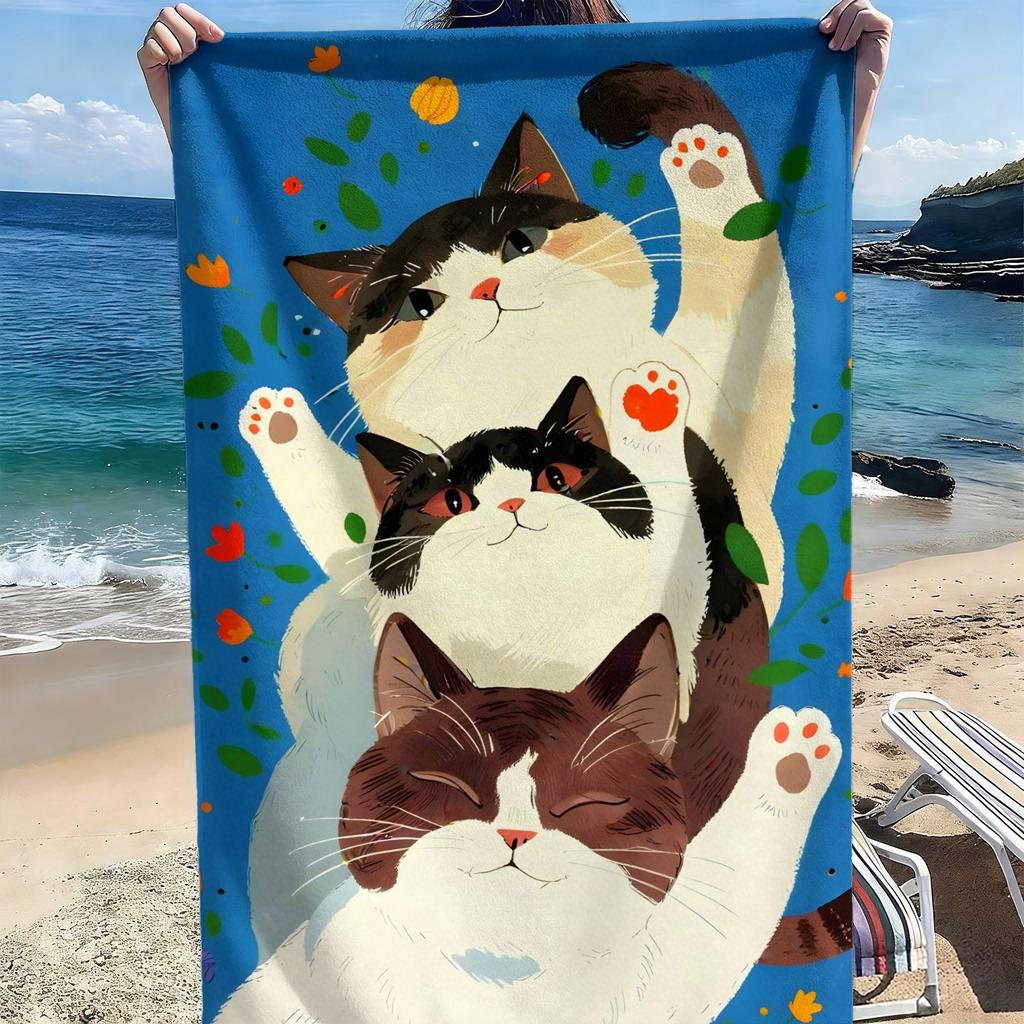 Three cats in a layered pattern polyester microfiber beach towel is highly absorbent, suitable for swimming and beach outings